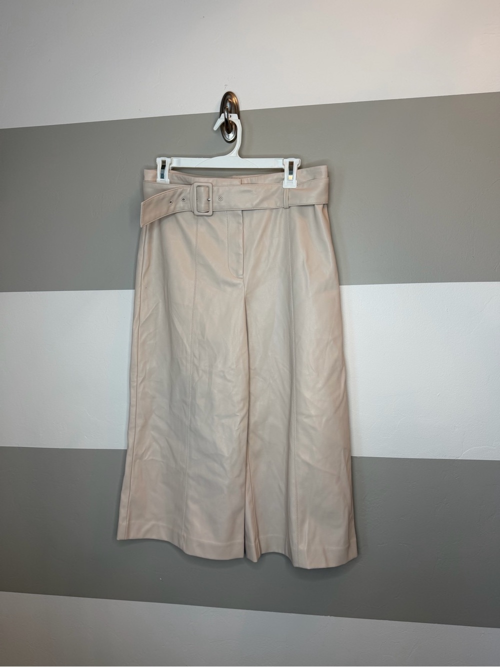 Ann Taylor petite Beige Faux Leather wide leg Belted Pants 8P